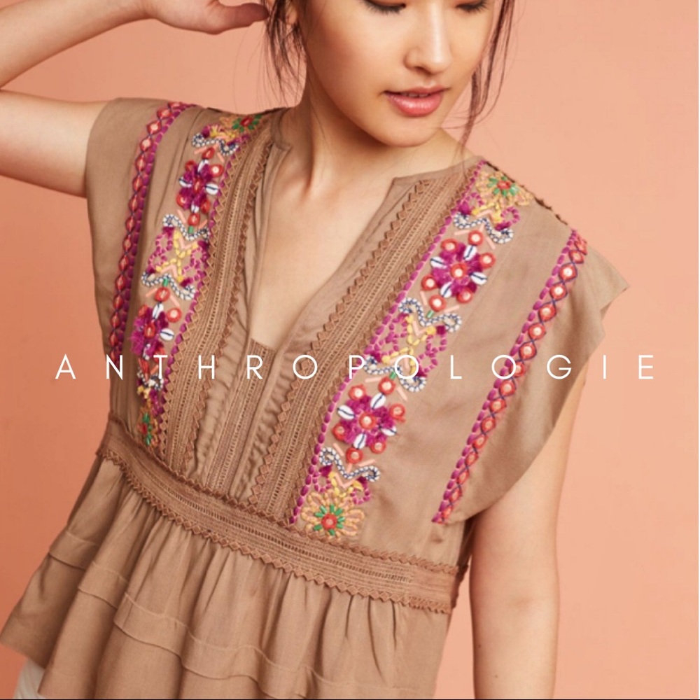 Anthropologie Bl-nk Taupe Embellished Blouse - Picture 1 of 2